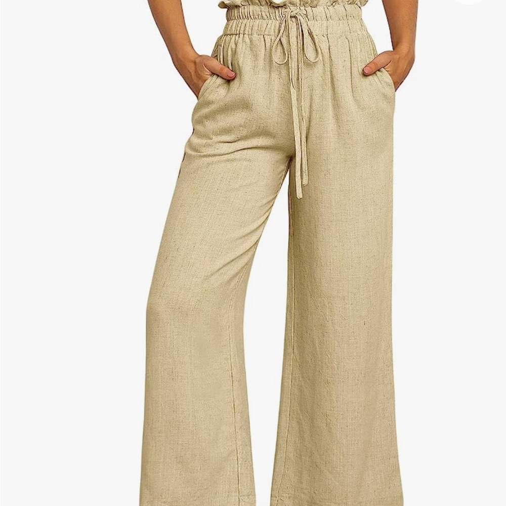 ANRABESS Women's Linen Pants Casual Loose High Waist Drawstring Wide Leg Capri
